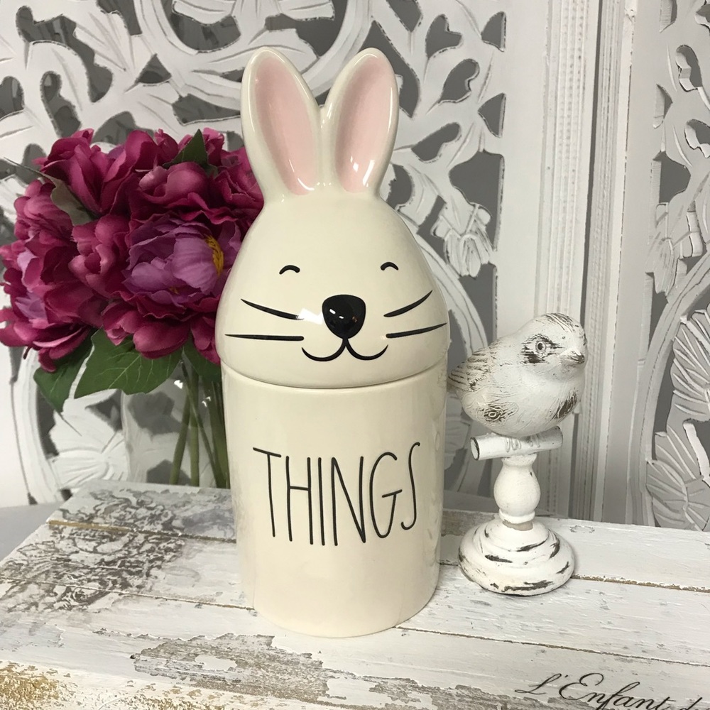 Rae Dunn Lidded Ceramic Storage Canister “Things”, Easter Spring Bunny Decor